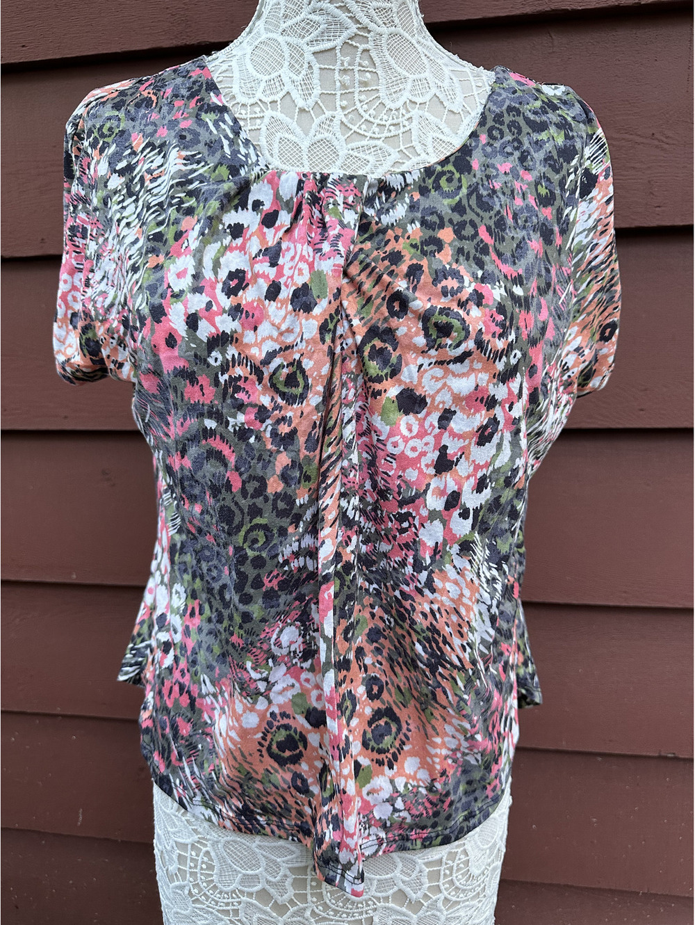 Christopher & Banks Floral Animal Print Blouse Brown Pink Casual Boho